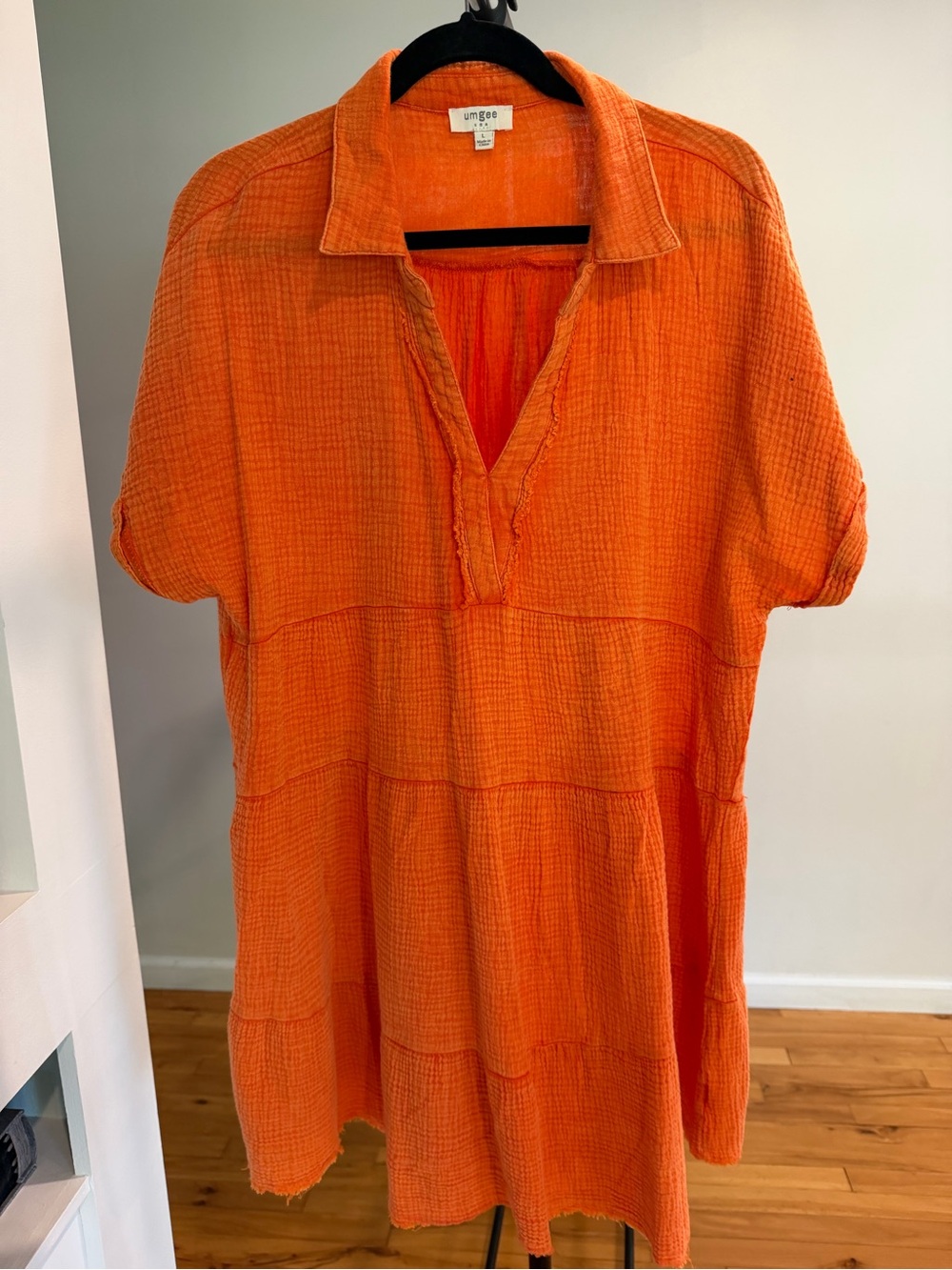 Umgee Bright Orange Textured V-Neck Tunic with Collar
